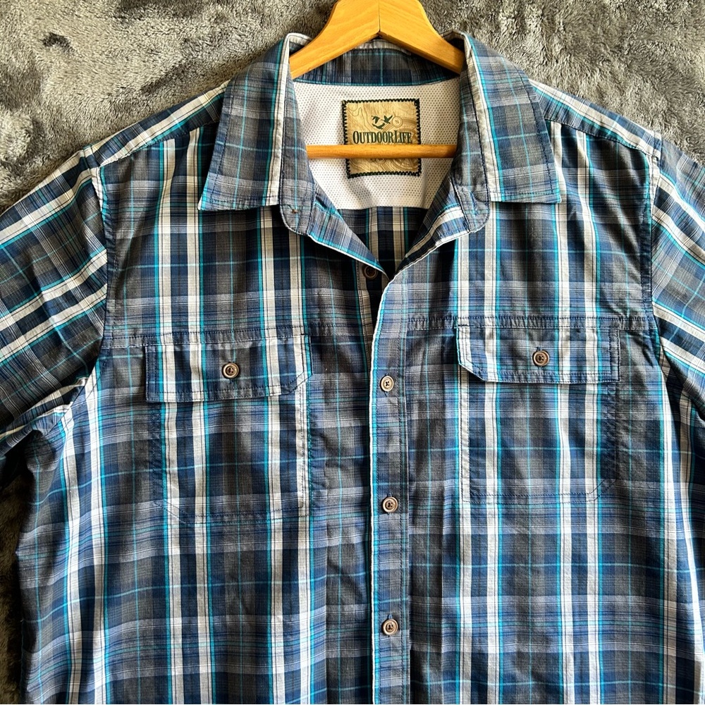 Outdoor Life Shirt Mens XL Blue Plaid Button Up Stretch Hiking Casual Relaxed - Picture 2 of 7